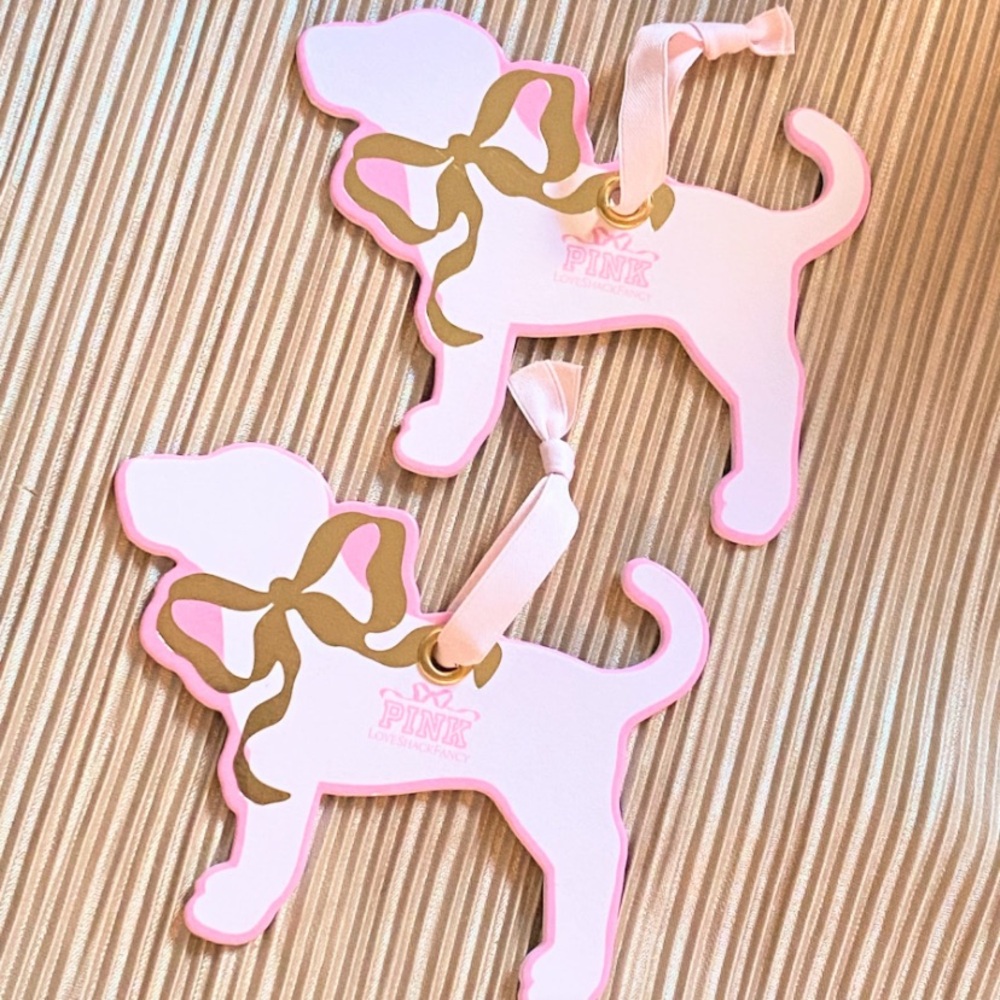 2 Victoria's Secret PINK LOVE SHACK FANCY Dog Shaped Ornaments Hang Tags